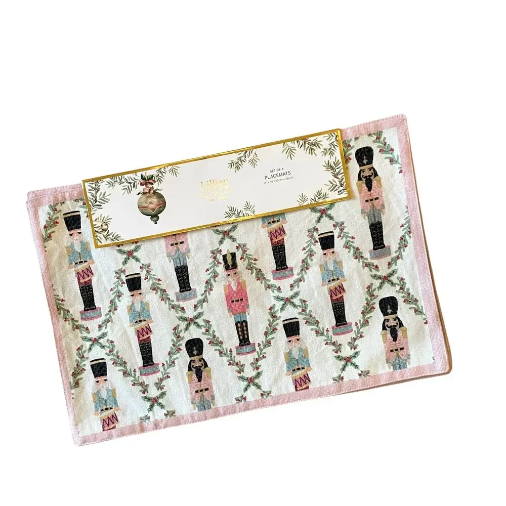Lillian August Christmas Placemats 4pc NUTCRACKER DRUMMER BOY Pink Border New